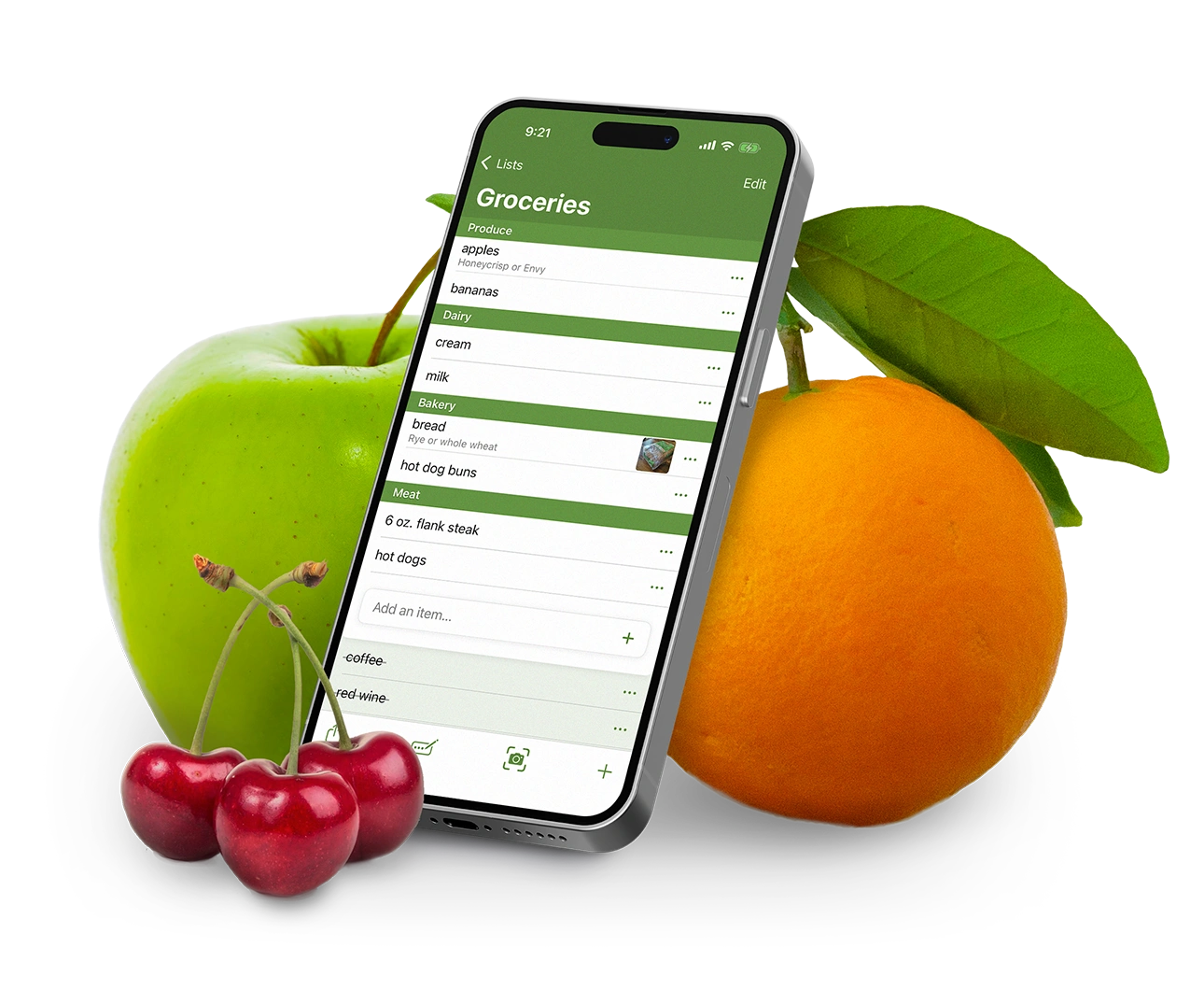 OurGroceries on phone with fruits